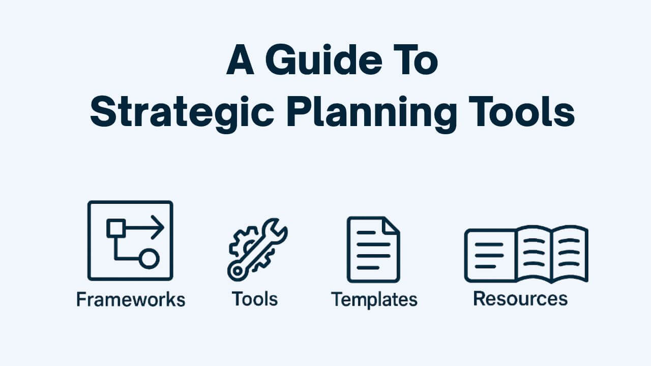 Strategic Planning Tools Top Strategic Planning Resources for Business & Executive Coaches' with icons labeled Frameworks, Tools, Templates, and Resources on a clean white background