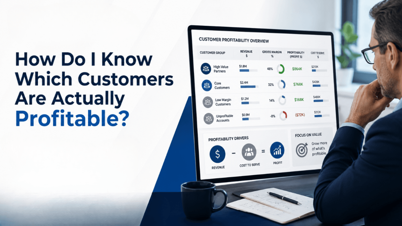 Business owner and financial adviser reviewing customer profitability Business owner and financial adviser reviewing customer profitability and cost-to-serve data by client